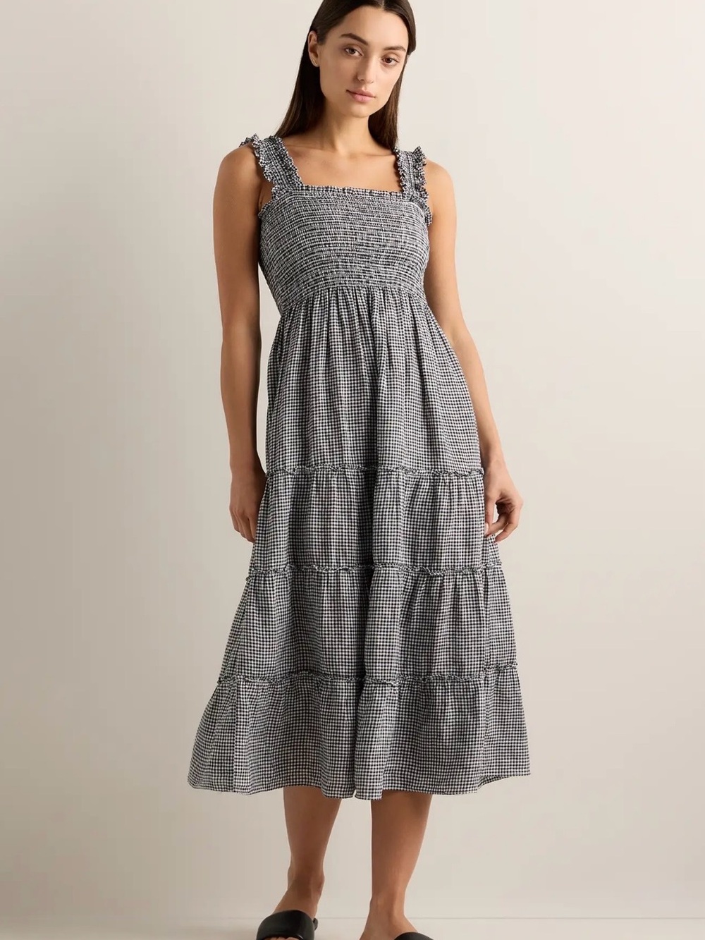NWT! QuinceSmocked Gingham Tiered Midi Dress -European linen Black/White small